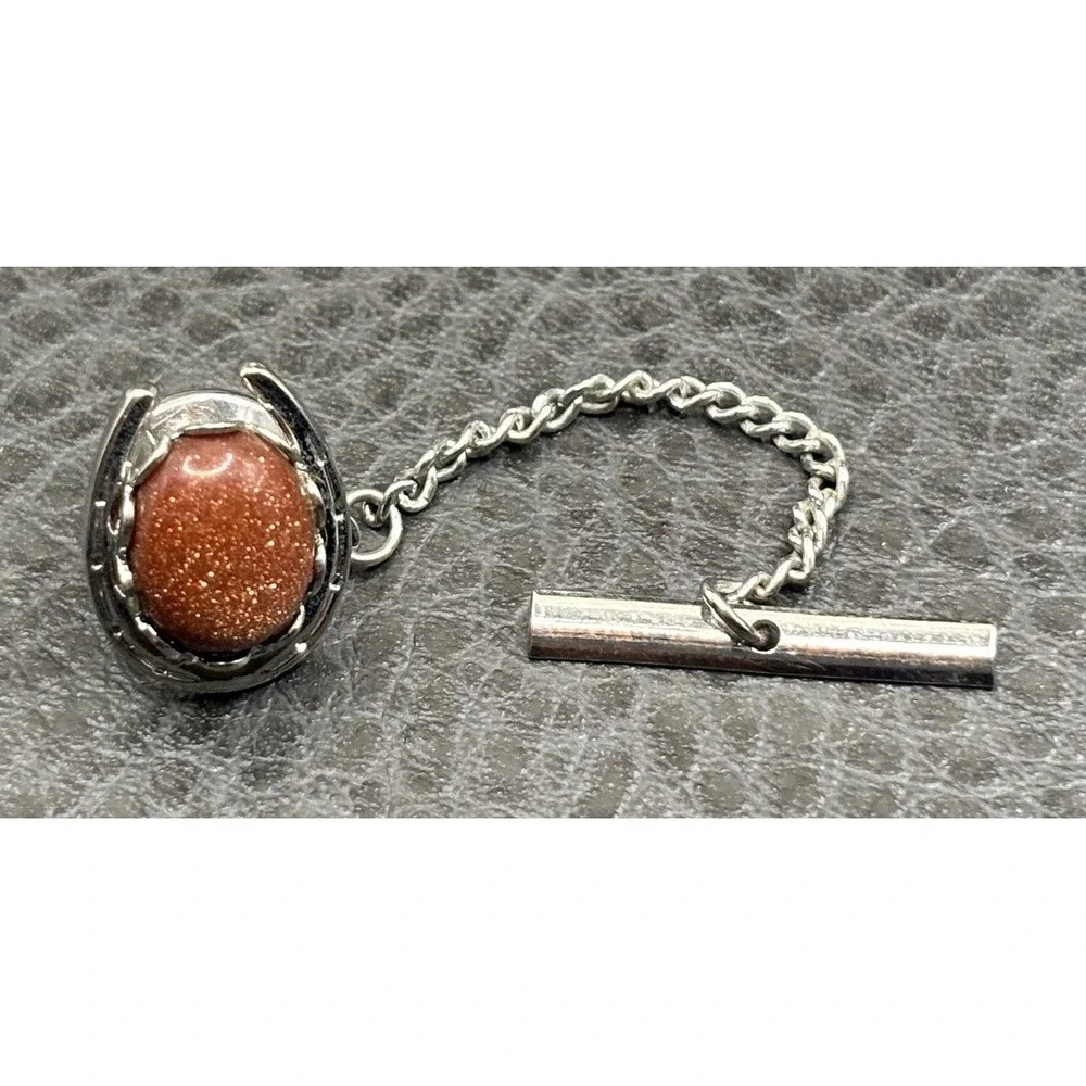 Vintage Horseshoe Goldstone Glitter Cabochon Equestrian Tie Tack Silver Tone
